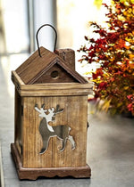 Laterne Haus aus Holz mit Hirsch Design mit Metalldach Farbe: Braun