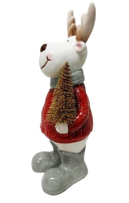 Deko Figur Elch aus Dolomit mit Baum aus Metall rot weiss H21cm