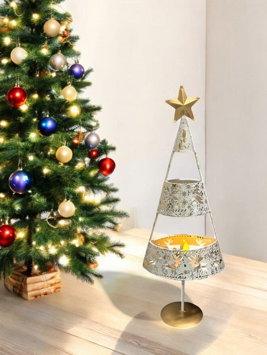 Kerzenständer aus Metall Stern oben verziert mit Rentieren weiss