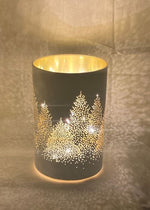 LED Windlicht aus Glas 
mit 8 LED 
weiss gold mit Baummotiv 
D10cm H15cm