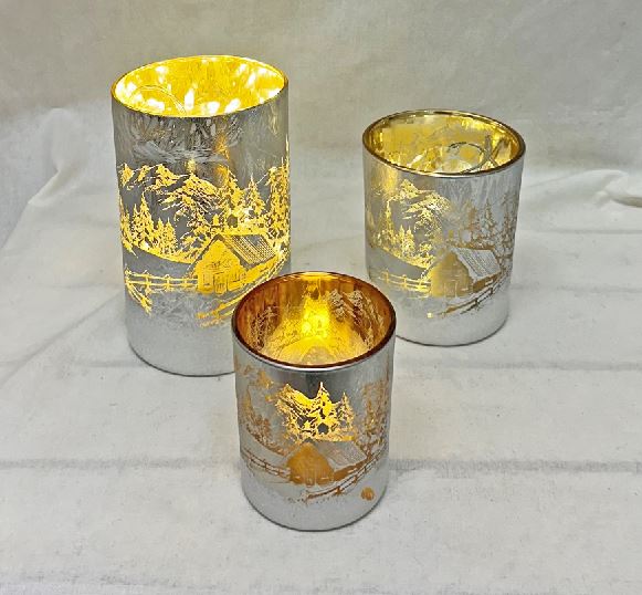 Windlicht aus Glas Bergdorfmotiv silber H10cm