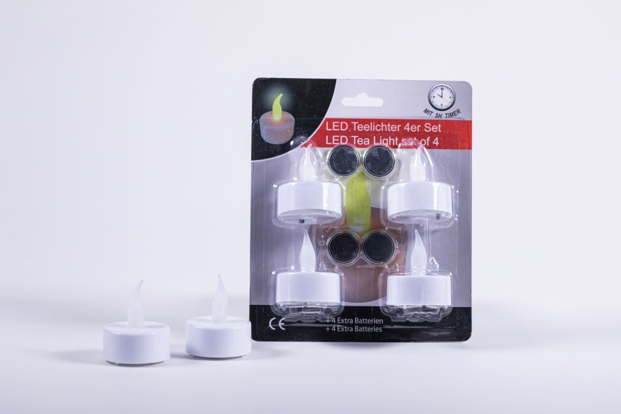 LED Teelicht weiss - 4er Blister
plus 4 Ersatzbatterien (Knopfzellen)
CR 2032