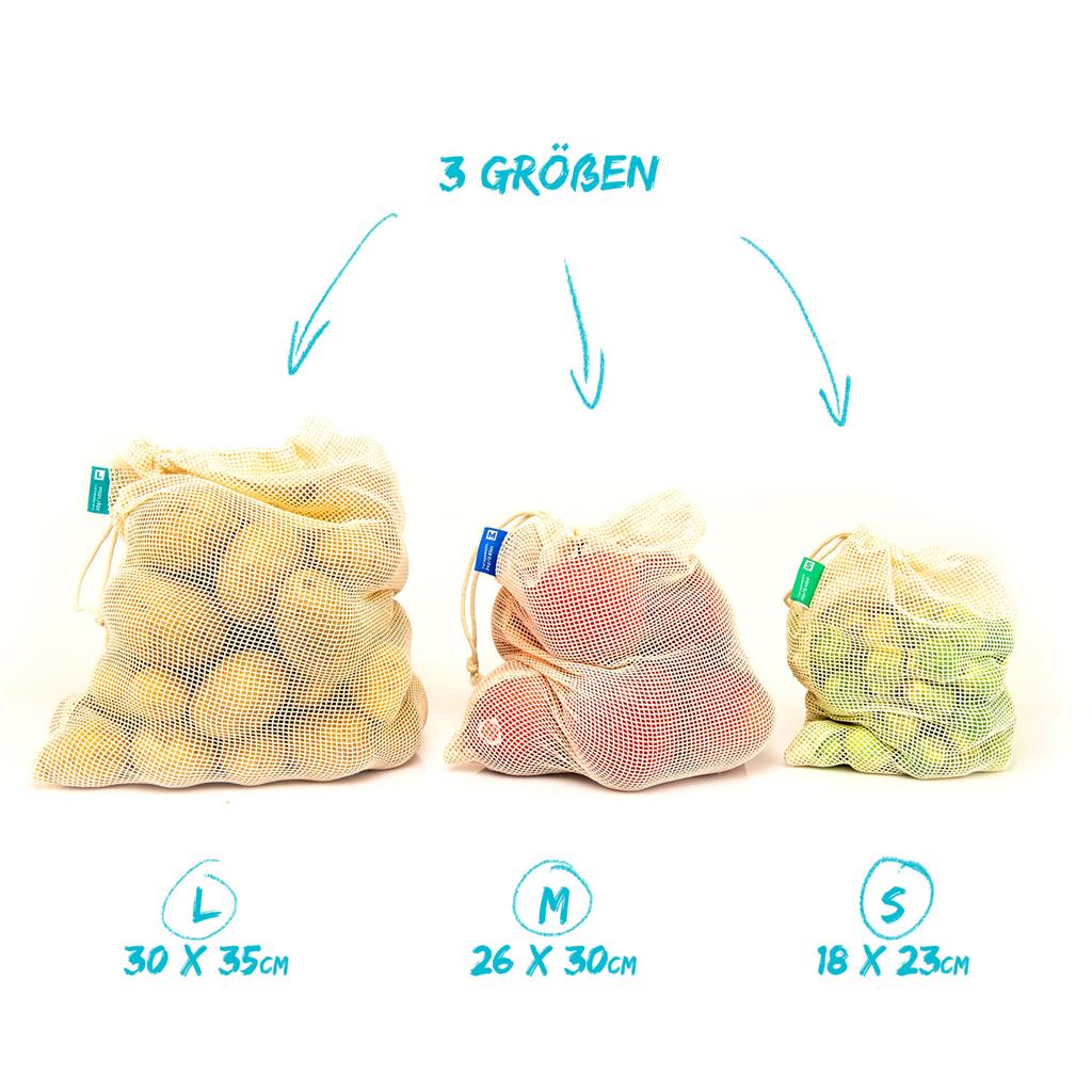 Obstbeutel 4er Set 3 Obst- und Gemüsebeutel plus 1 Brottasche aus 100% Biobaumwolle