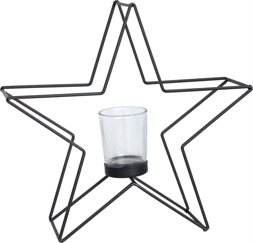 Kerzenhalter Stern 
in Schwarz aus Metall 
H: 28cm B: 29cm T: 8cm