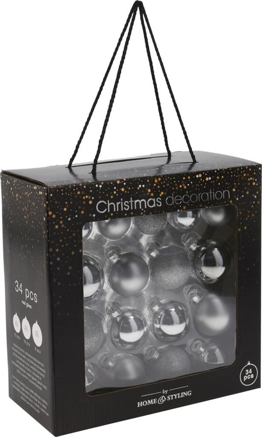 Weihnachtskugel aus Glas Set mit 34 Stk in Silber