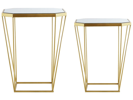 Beistelltisch 2er Set Glas / Metall Spiegeleffekt gold achteckig SIERRA