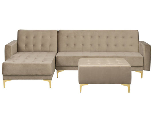 Schlafsofa Samtstoff sandbeige rechtsseitig mit Ottomane ABERDEEN