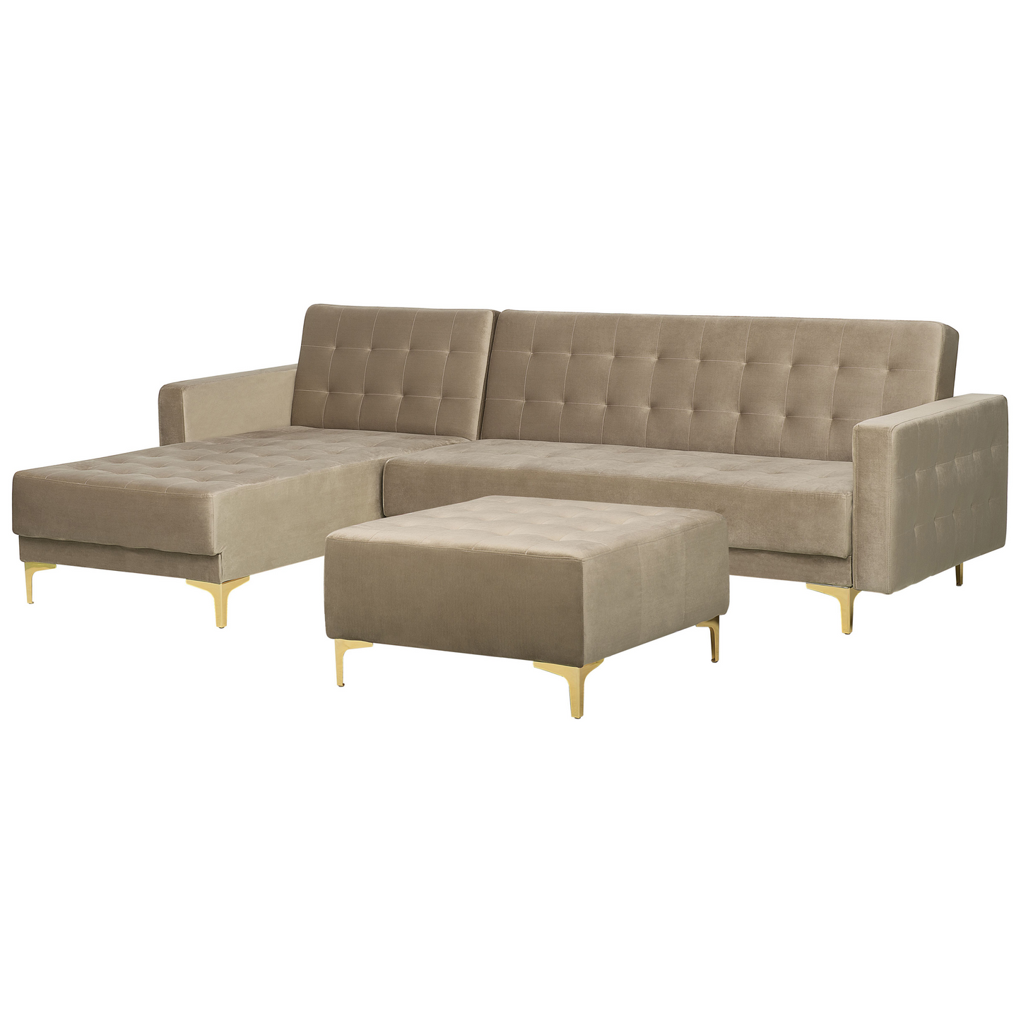 Schlafsofa Samtstoff sandbeige rechtsseitig mit Ottomane ABERDEEN