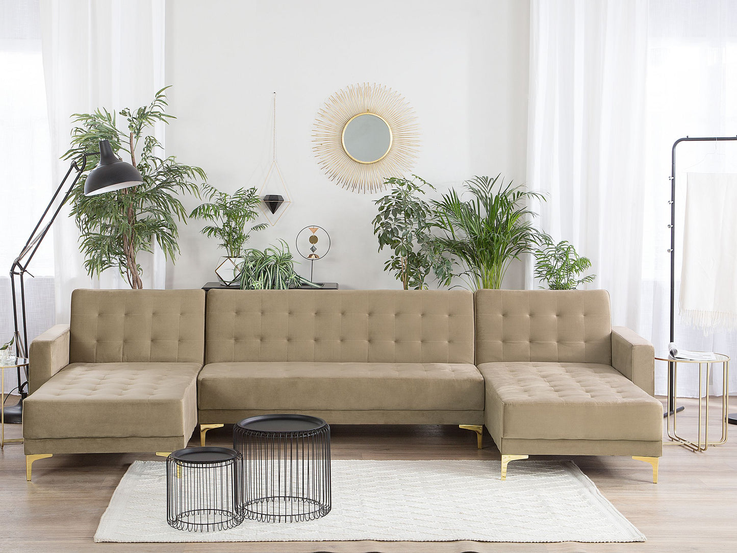 Schlafsofa U-förmig Samtstoff sandbeige ABERDEEN