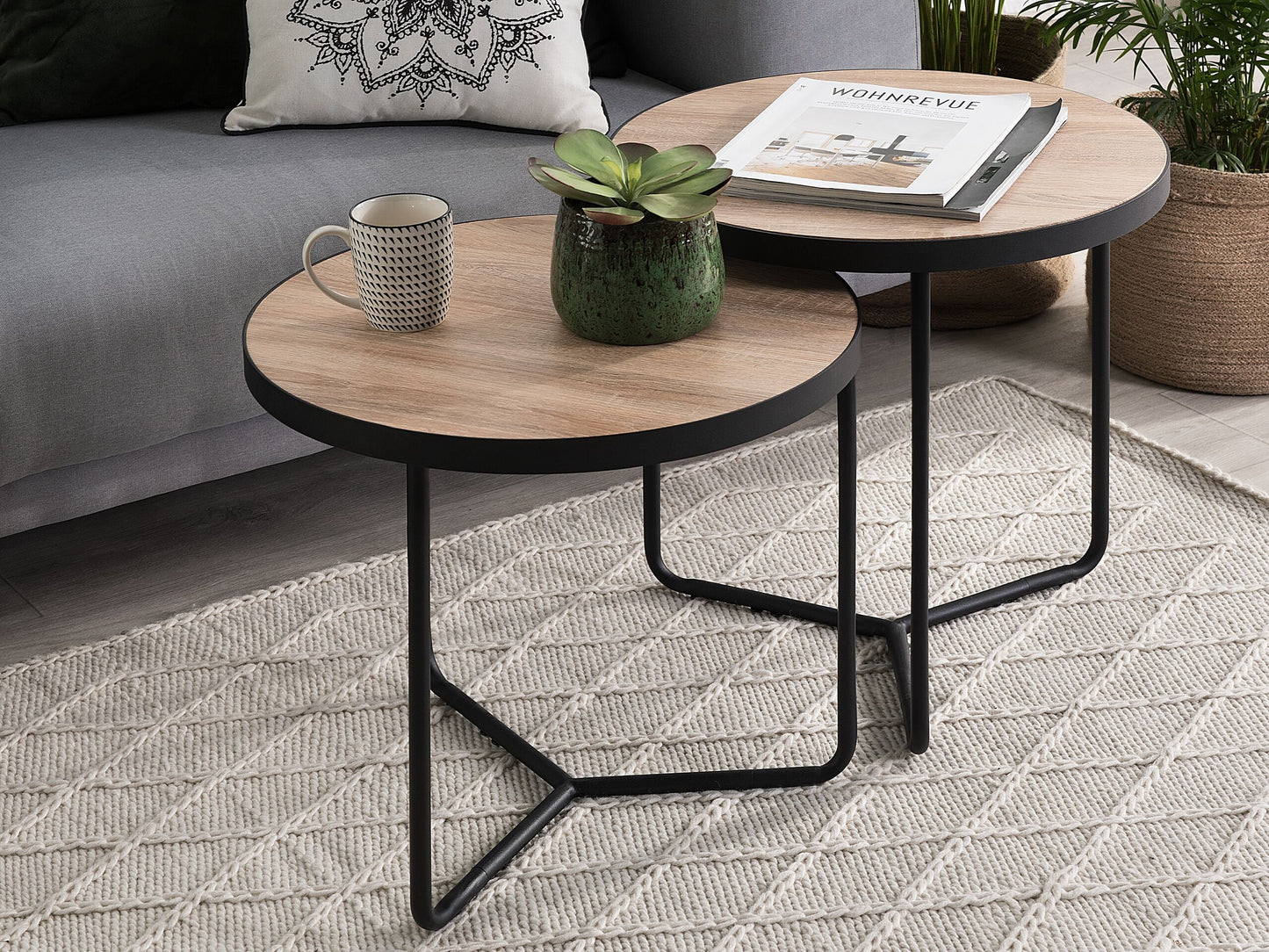 Couchtisch 2er Set Holzoptik hellbraun / schwarz klein und mittelgross rund  MELODY