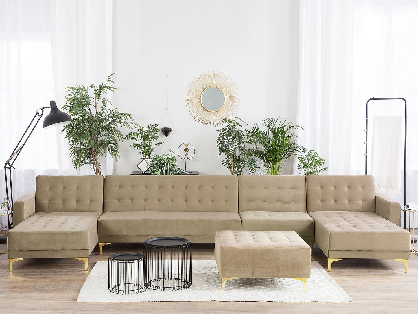 Wohnlandschaft mit Ottomane ABERDEEN Sandbeige Samtstoff Symmetrisch