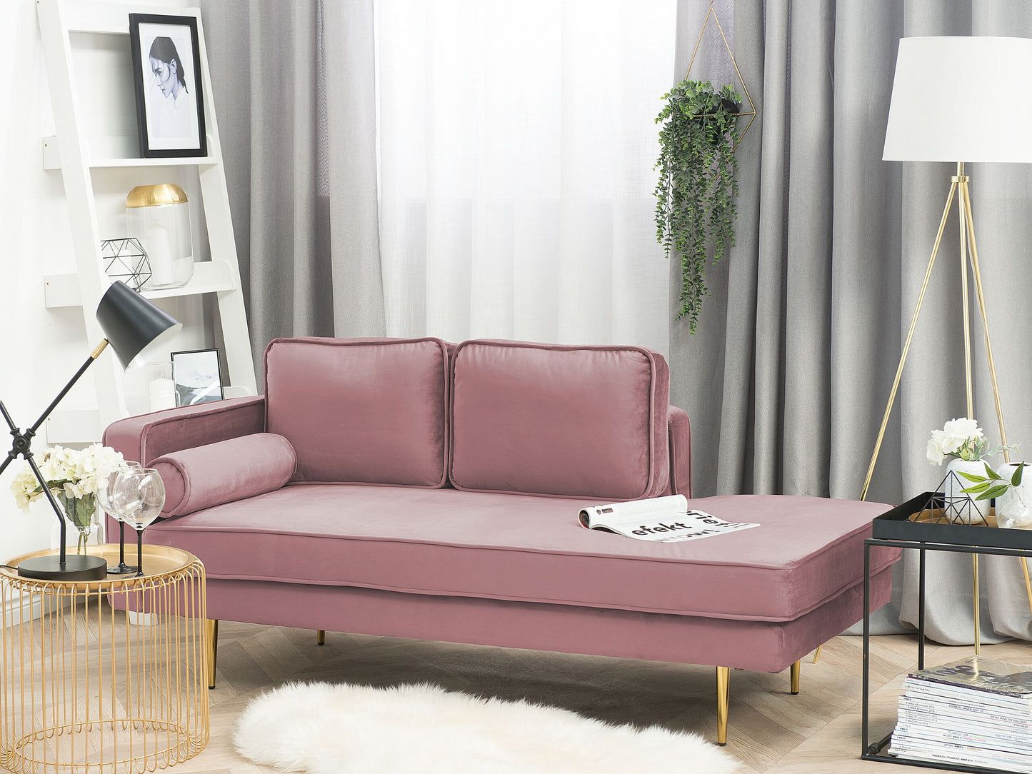Chaiselongue Samtstoff rosa linksseitig MIRAMAS