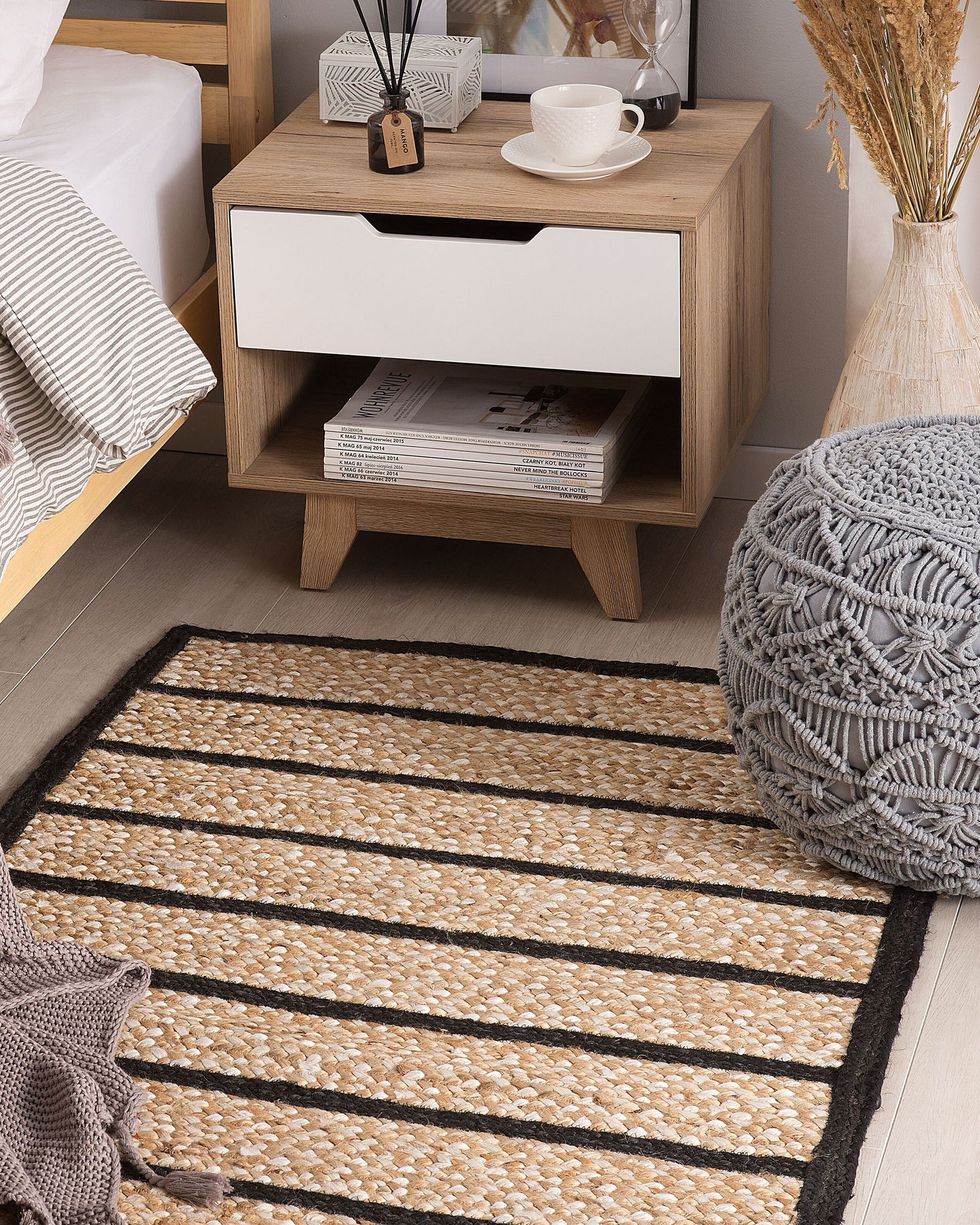 Teppich Jute-Baumwolle schwarz / beige 80 x 150 cm Kurzflor KARADONA