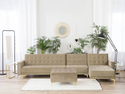 Ecksofa mit Ottomane ABERDEEN Sandbeige Samtstoff Linksseitig
