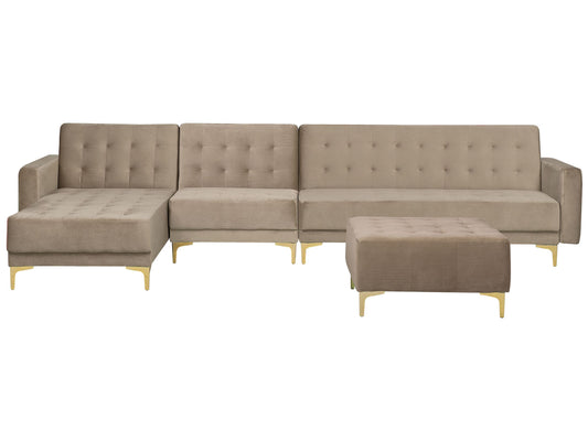 Ecksofa mit Ottomane ABERDEEN Sandbeige Samtstoff Rechtsseitig
