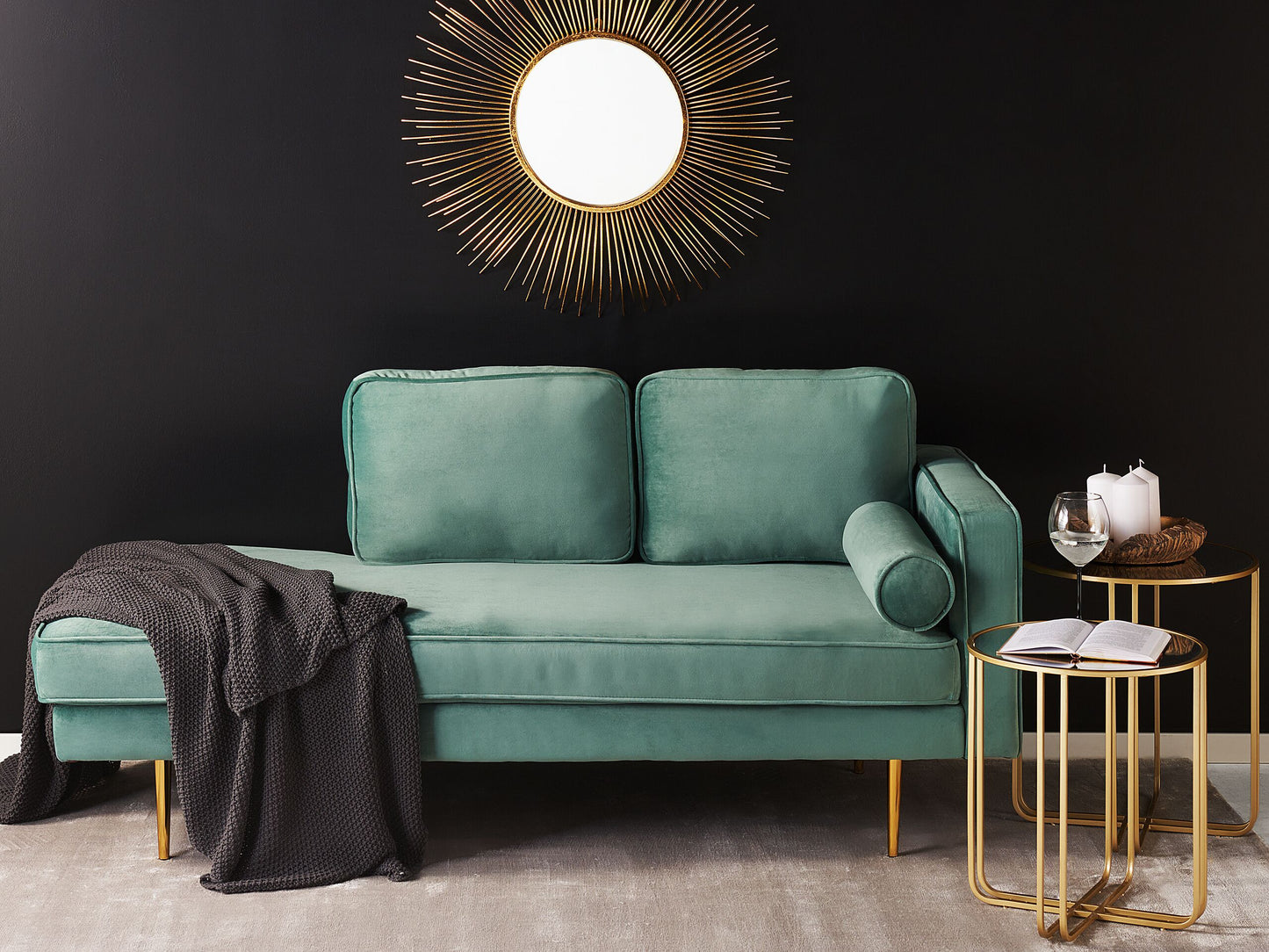 Chaiselongue Samtstoff mintgrün rechtsseitig MIRAMAS