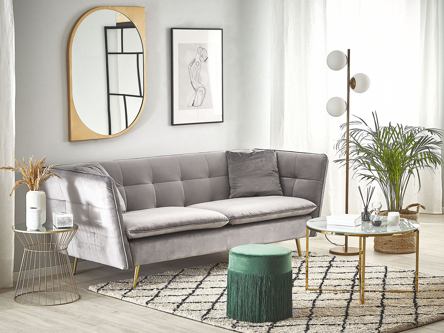 3-Sitzer Sofa Samtstoff grau mit goldenen Beinen FREDERICA