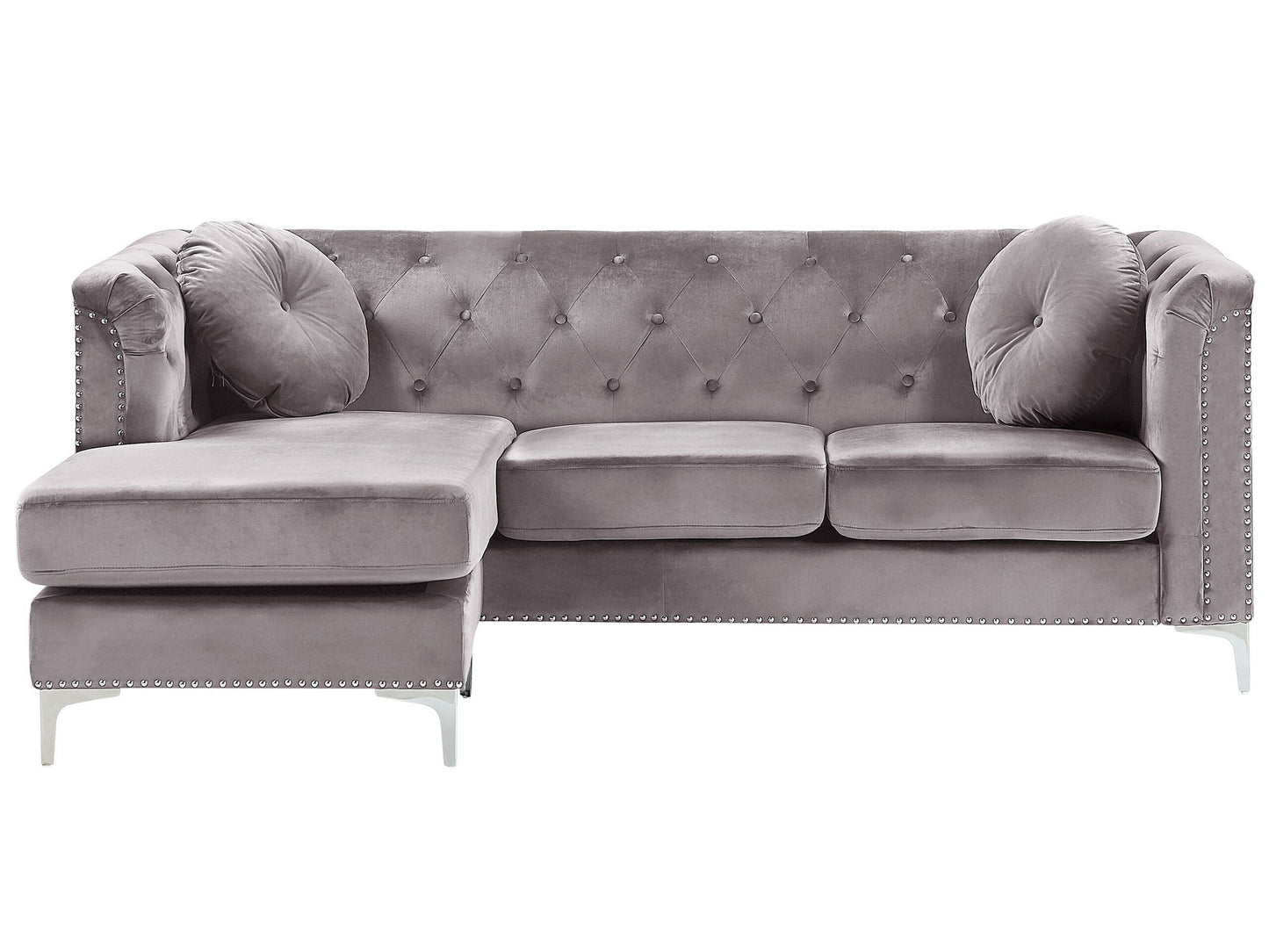 Ecksofa Samtstoff rechtsseitig grau Chesterfield-Design 3-Sitzer FLEN