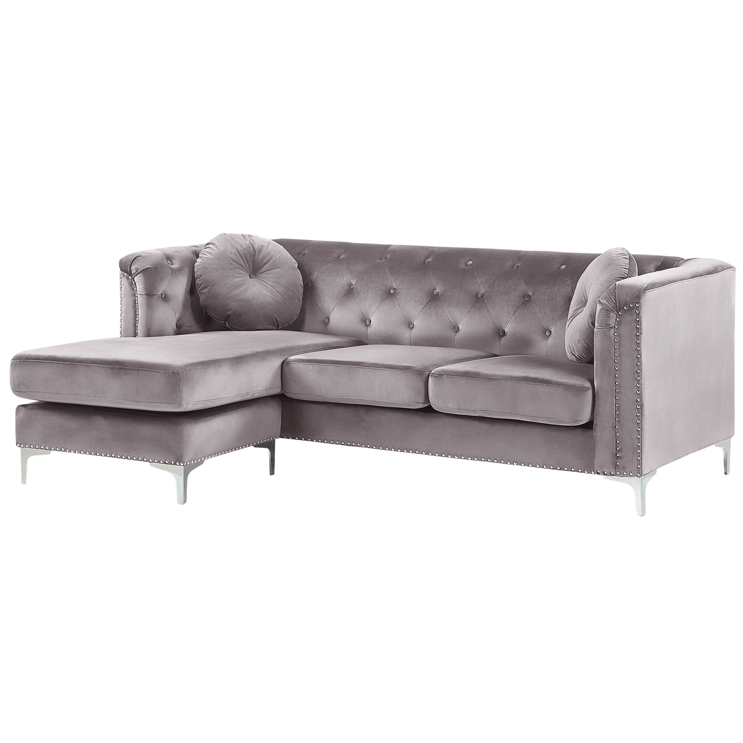 Ecksofa Samtstoff rechtsseitig grau Chesterfield-Design 3-Sitzer FLEN