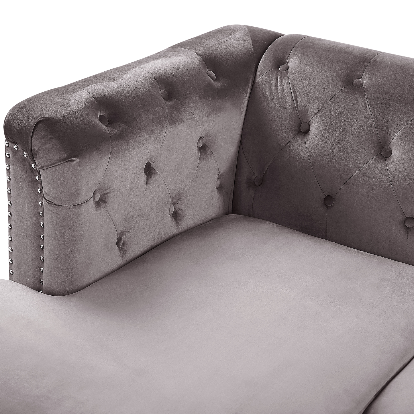Ecksofa Samtstoff rechtsseitig grau Chesterfield-Design 3-Sitzer FLEN