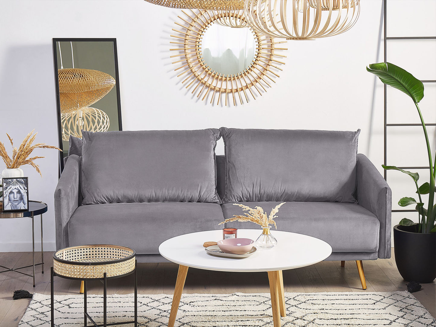3-Sitzer Sofa Samtstoff grau mit goldenen Beinen MAURA
