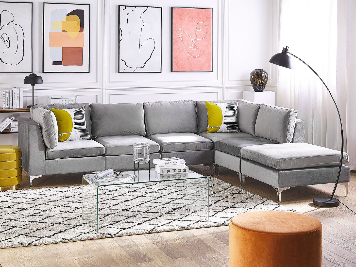 5-Sitzer Ecksofa Samtstoff grau linksseitig mit Ottomane EVJA