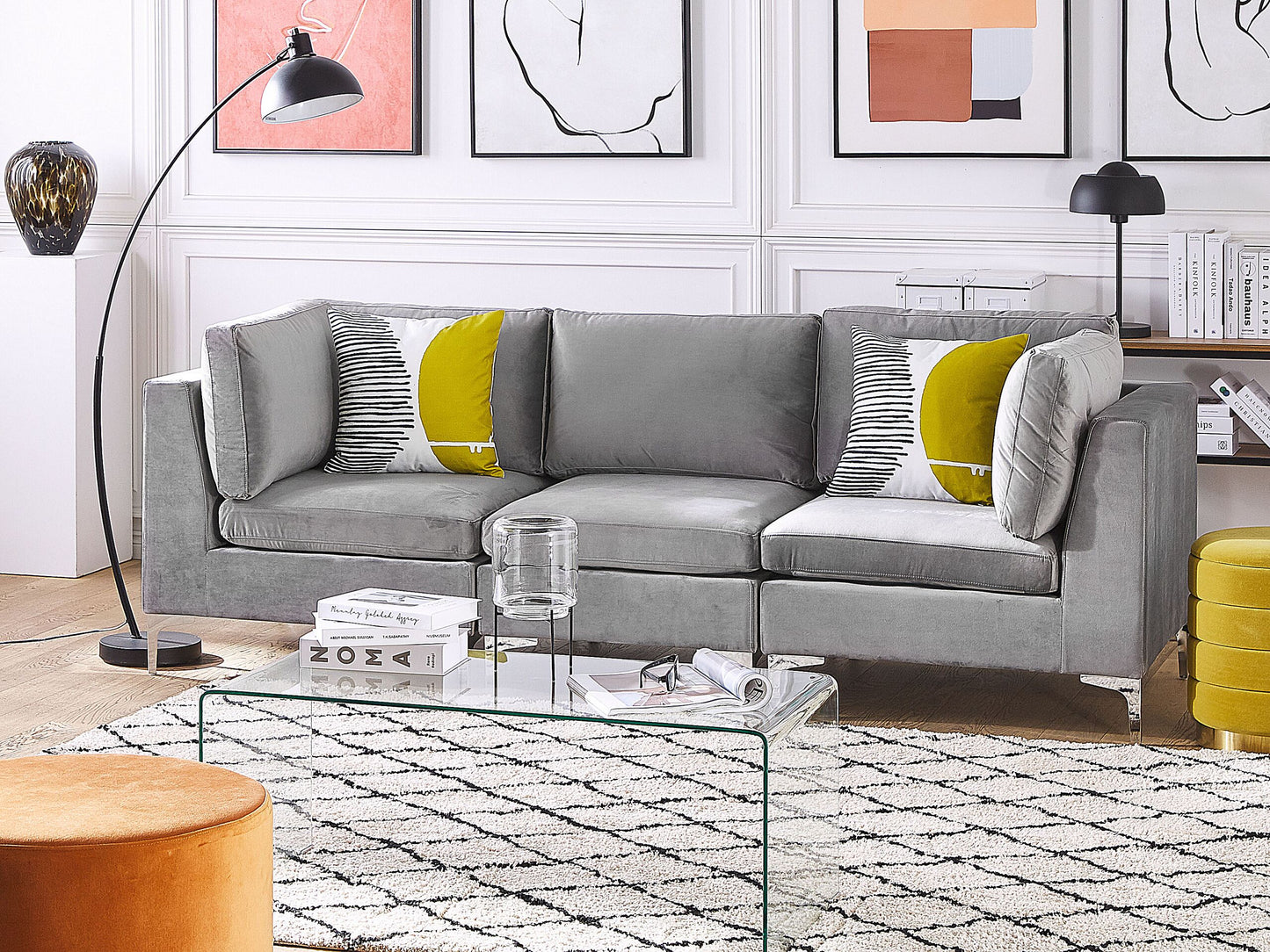 3-Sitzer Modulsofa Samtstoff grau mit Metallbeinen EVJA
