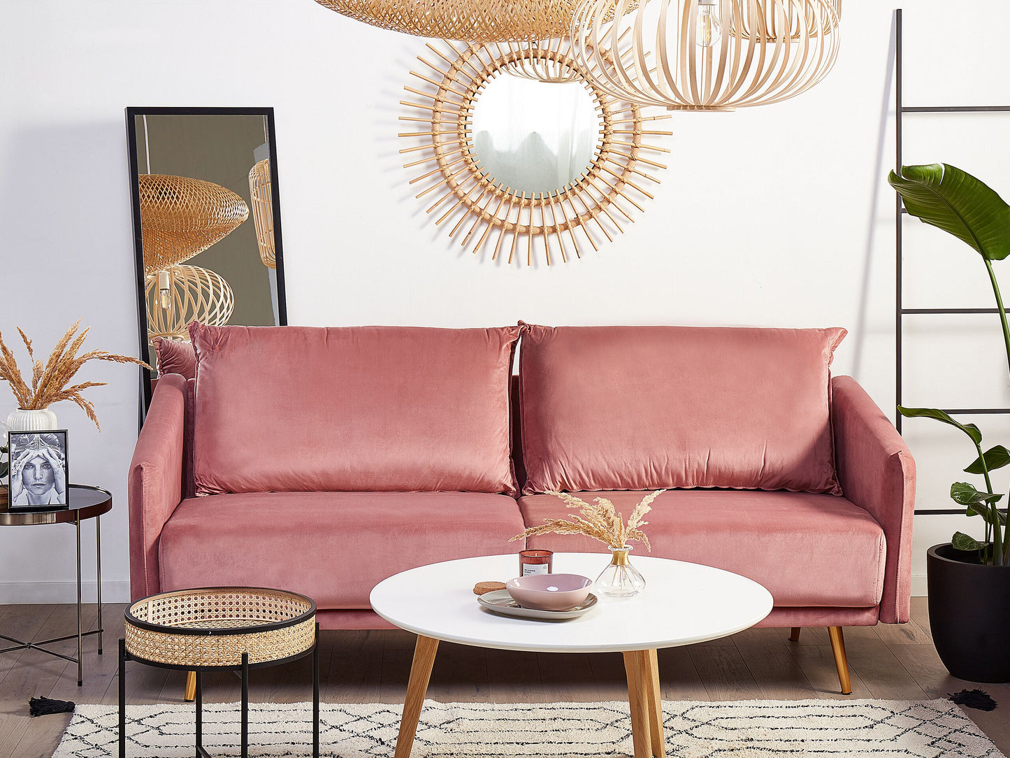 3-Sitzer Sofa Samtstoff rosa mit goldenen Beinen MAURA
