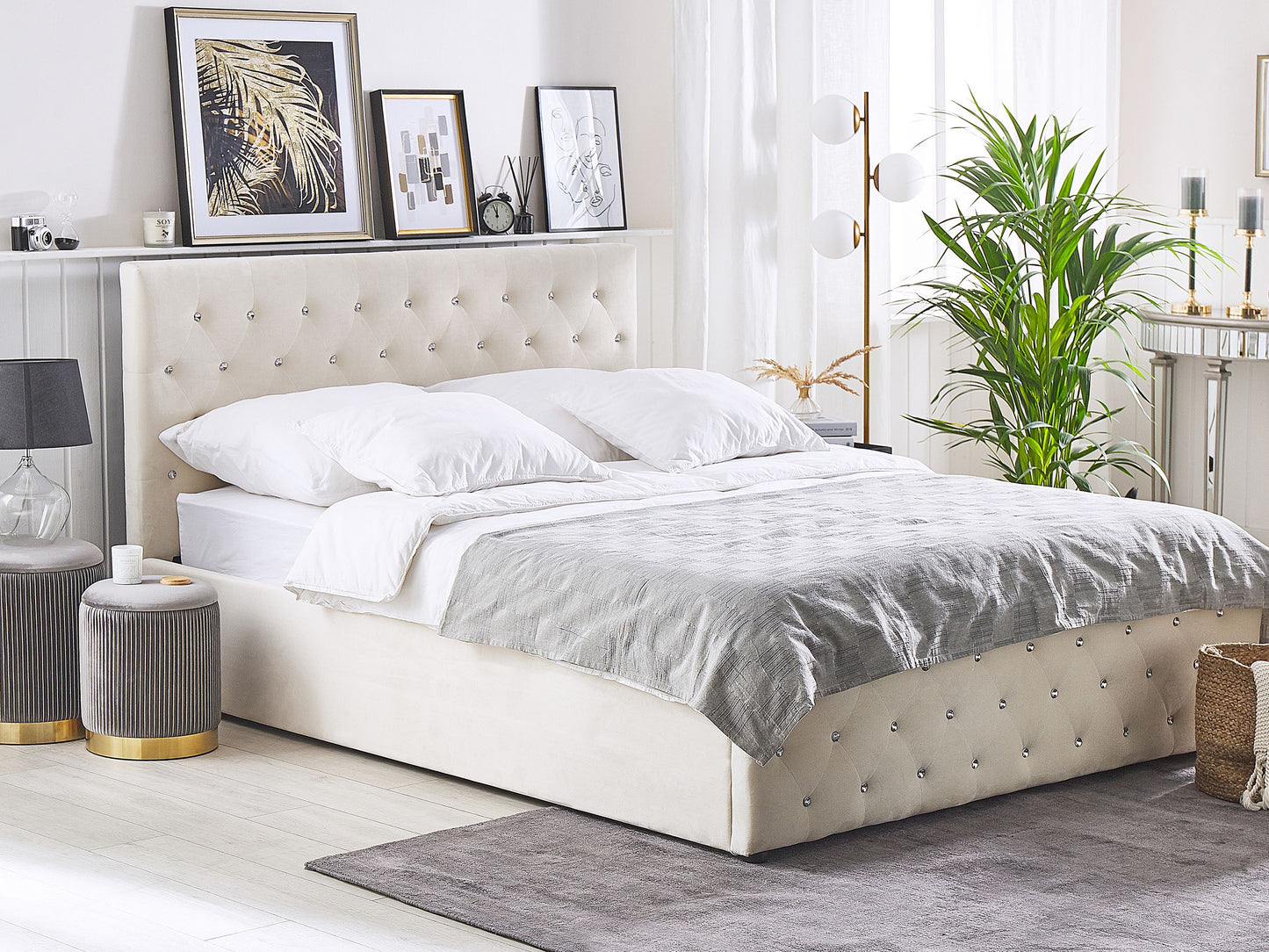 Bett mit Stauraum Samtstoff AMIENS 180 x 200 cm Hellbeige