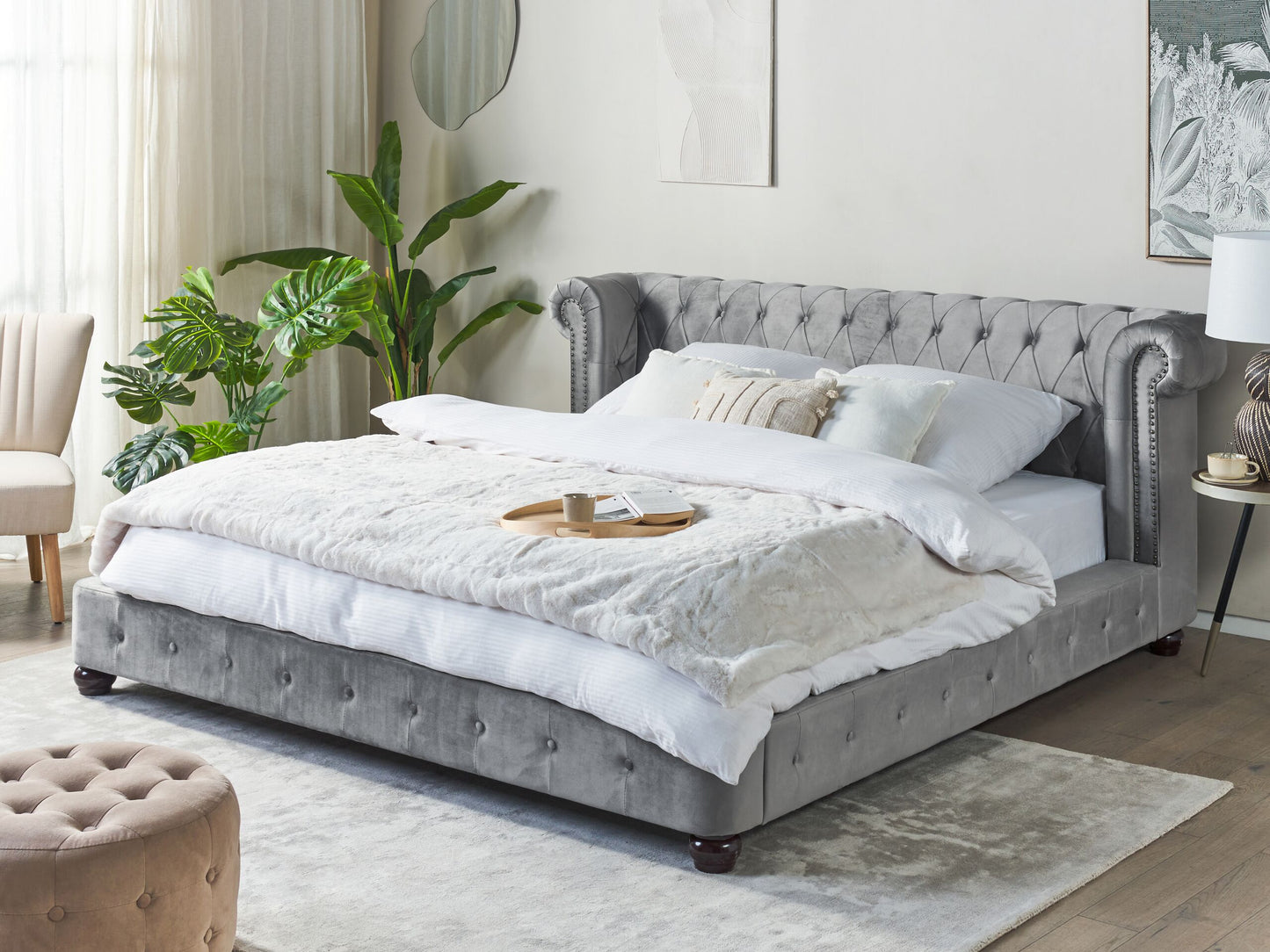 Bett mit Lattenrost Samtstoff CAVAILLON 180 x 200 cm Hellgrau