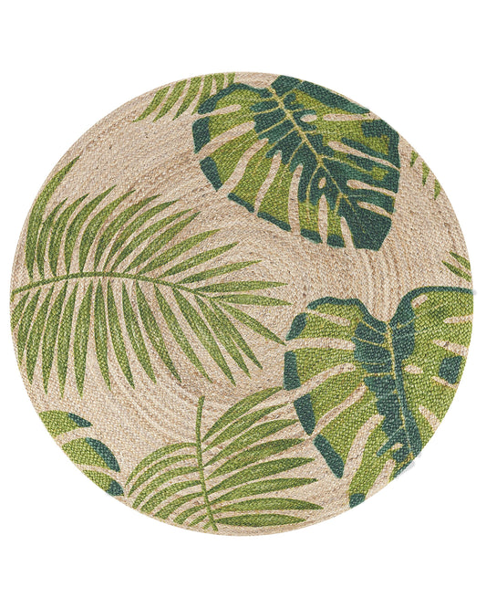 Teppich Jute beige / grün ⌀ 140 cm Blattmuster Kurzflor BUGAY