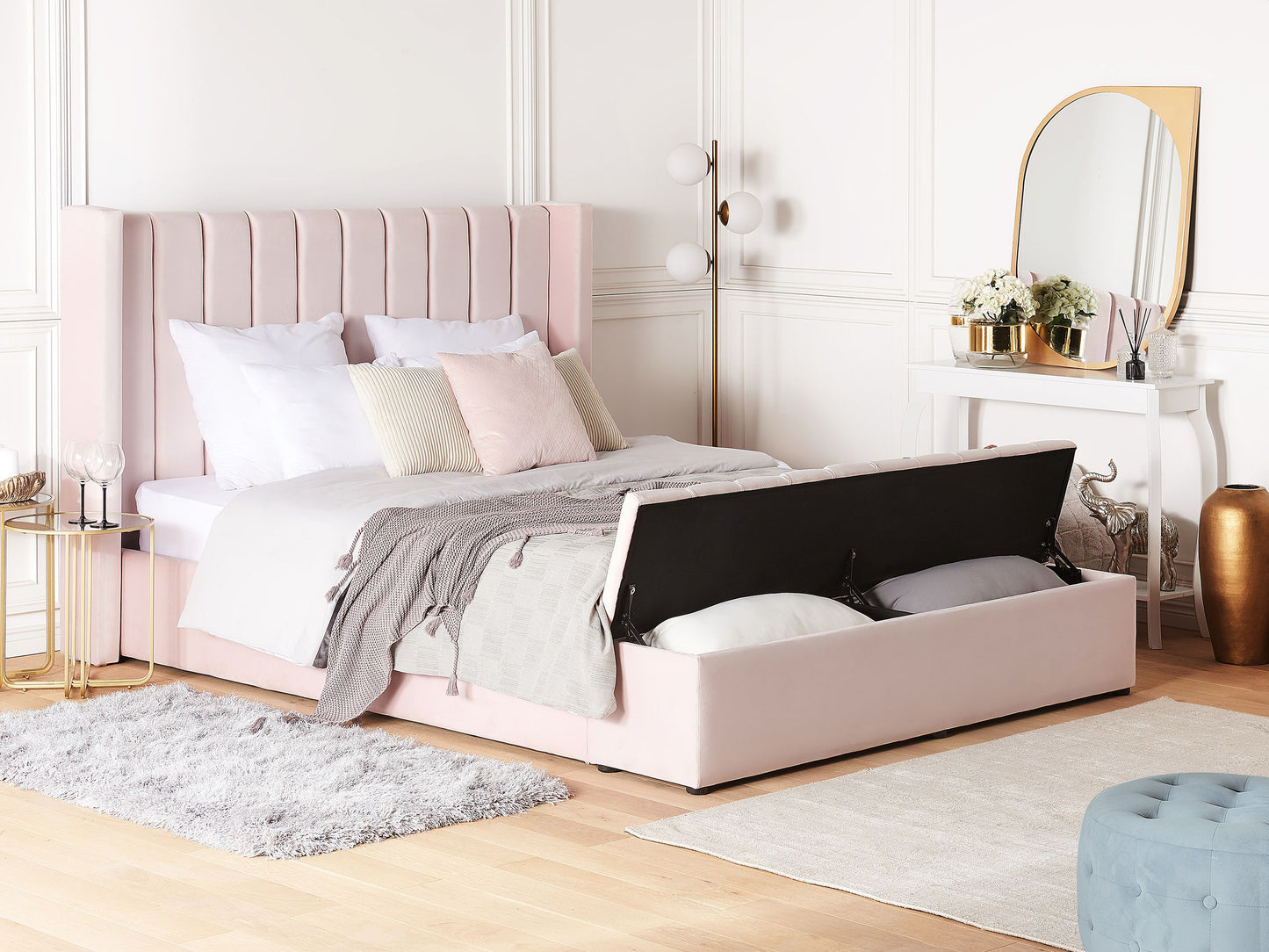 Bett mit Stauraumbank Samtstoff NOYERS 160 x 200 cm Pastellrosa