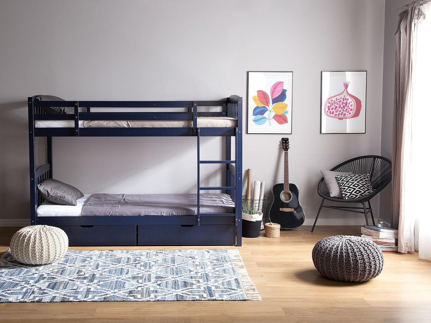 Hochbett mit Schubladen Kiefernholz REVIN 90 x 200 cm Marineblau