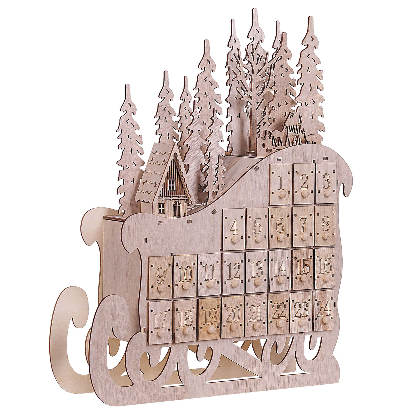 Adventskalender LED Pappelholz hellbraun Schlittenform IMPALA