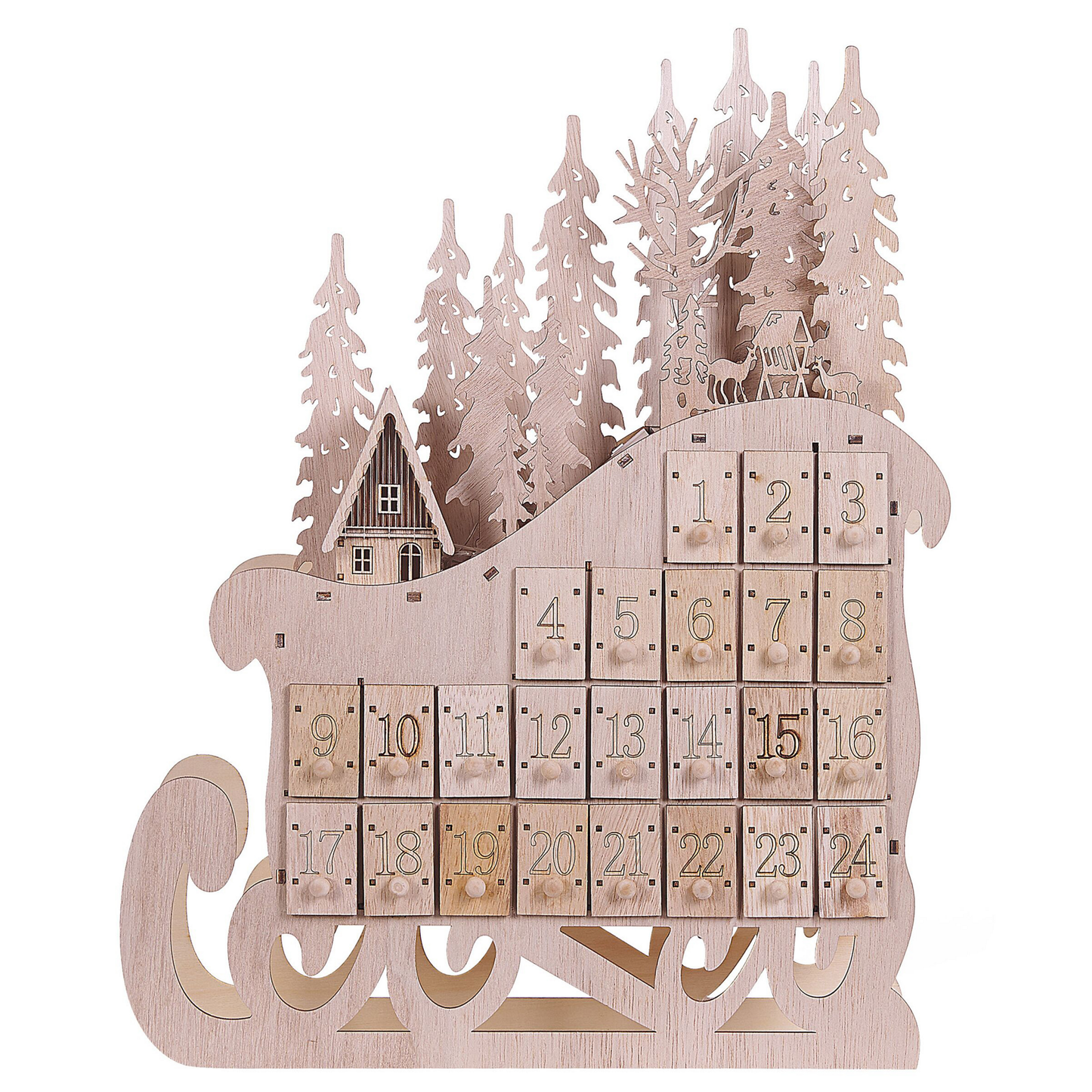 Adventskalender LED Pappelholz hellbraun Schlittenform IMPALA