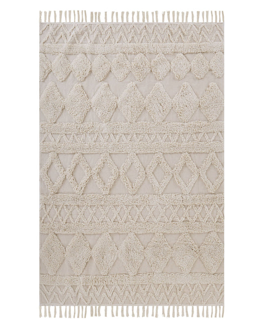 Teppich Baumwolle beige 140 x 200 cm geometrisches Muster Fransen Kurzflor DIDIM