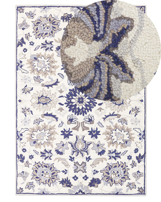 Teppich Wolle beige / blau 140 x 200 cm Kurzflor KUMRU