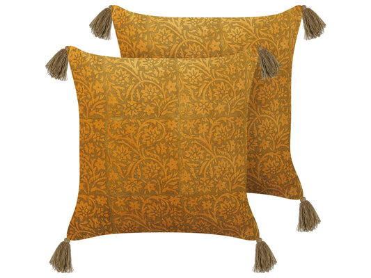 Dekokissen 2er Set RHEUM Samtstoff 45 x 45 cm Gelb Blumenmuster