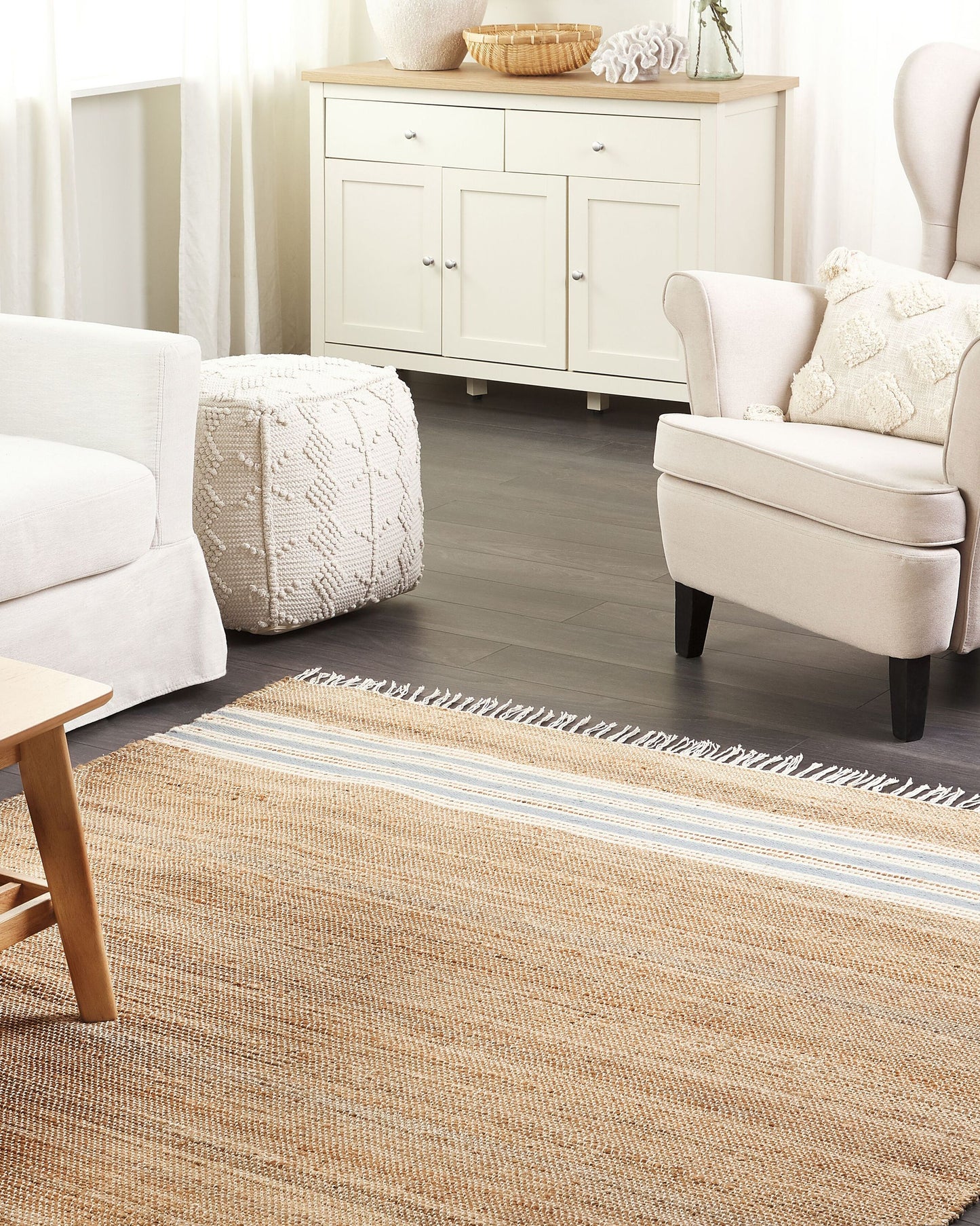 Teppich Jute beige / hellblau 160 x 230 cm Streifenmuster Kurzflor zweiseitig MIRZA