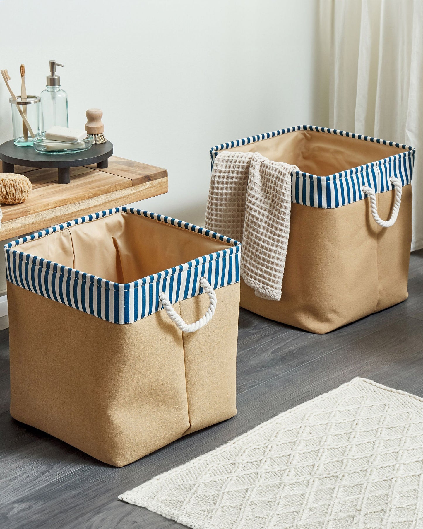 Textilkorb beige Streifenmuster 2er Set TUGUL