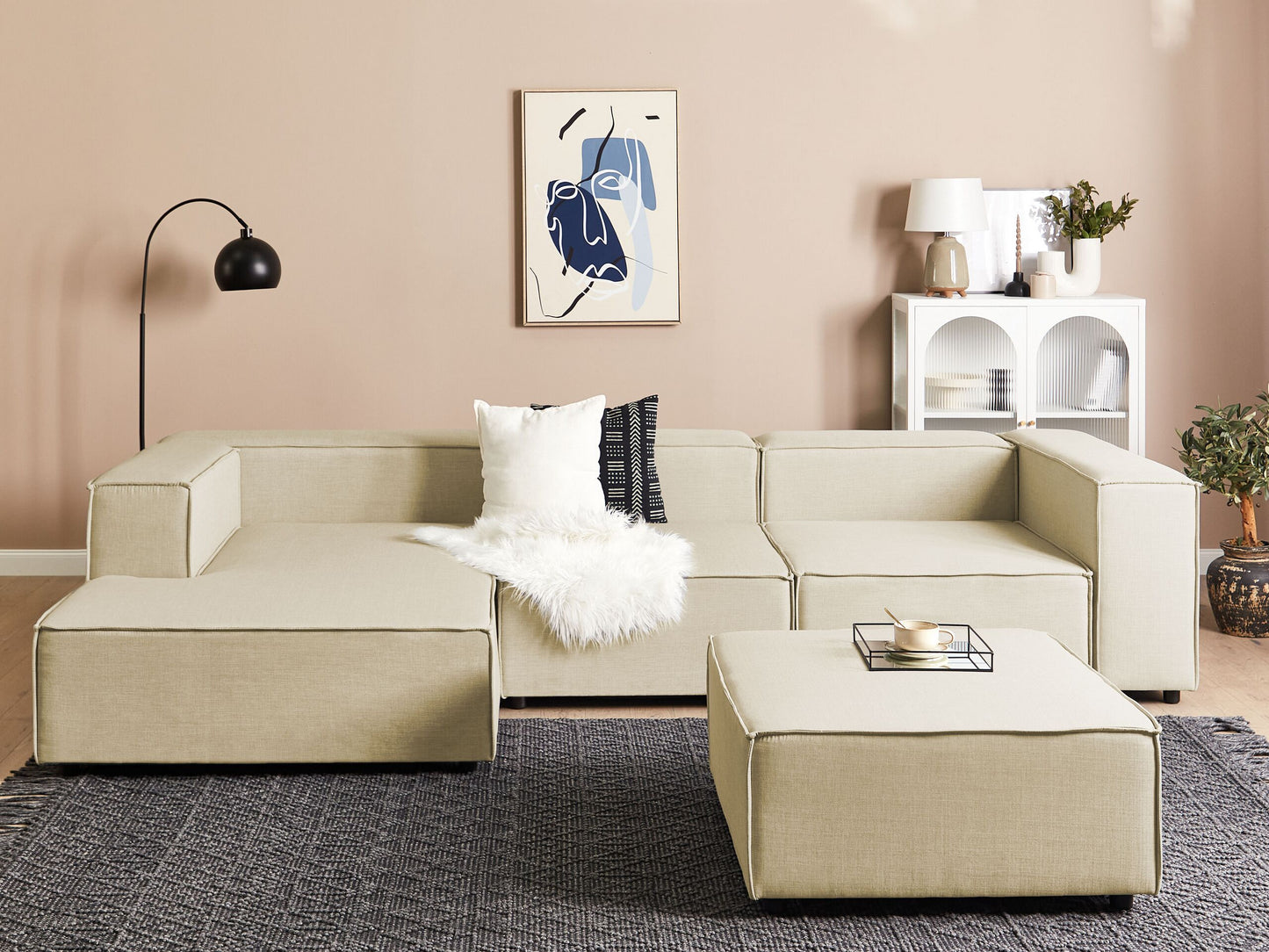3-Sitzer Ecksofa Leinen beige rechtsseitig mit Ottomane APRICA