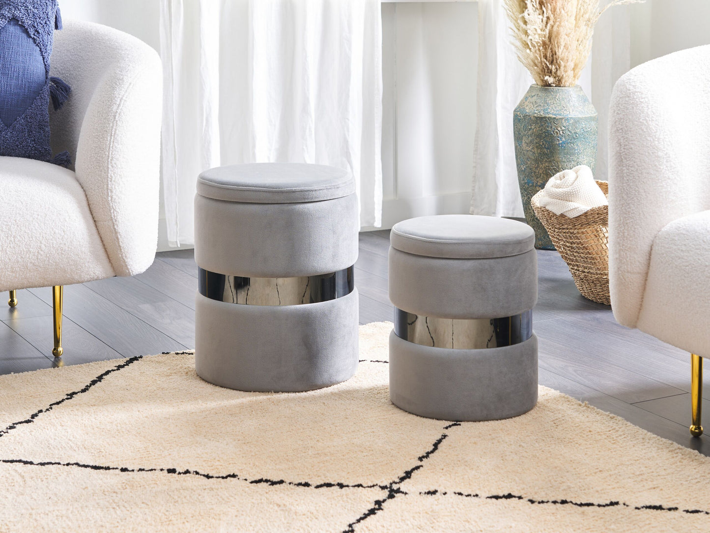 Pouf mit Stauraum Samtstoff hellgrau 2er Set DORIS