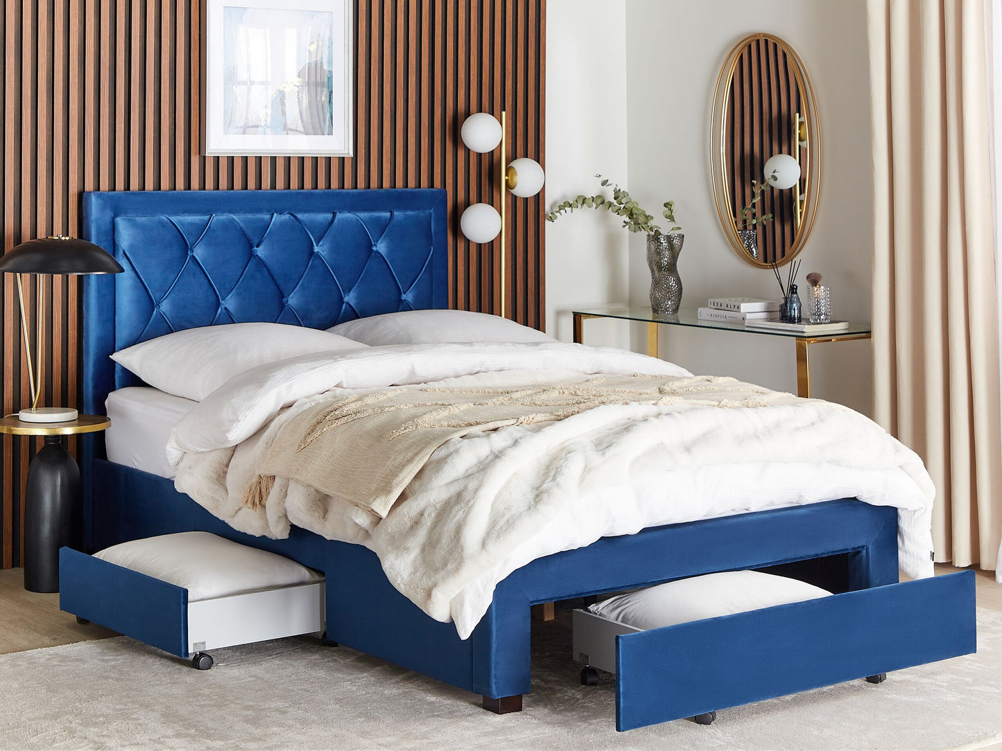 Bett mit Schubladen Samtstoff LIEVIN 140 x 200 cm Marineblau