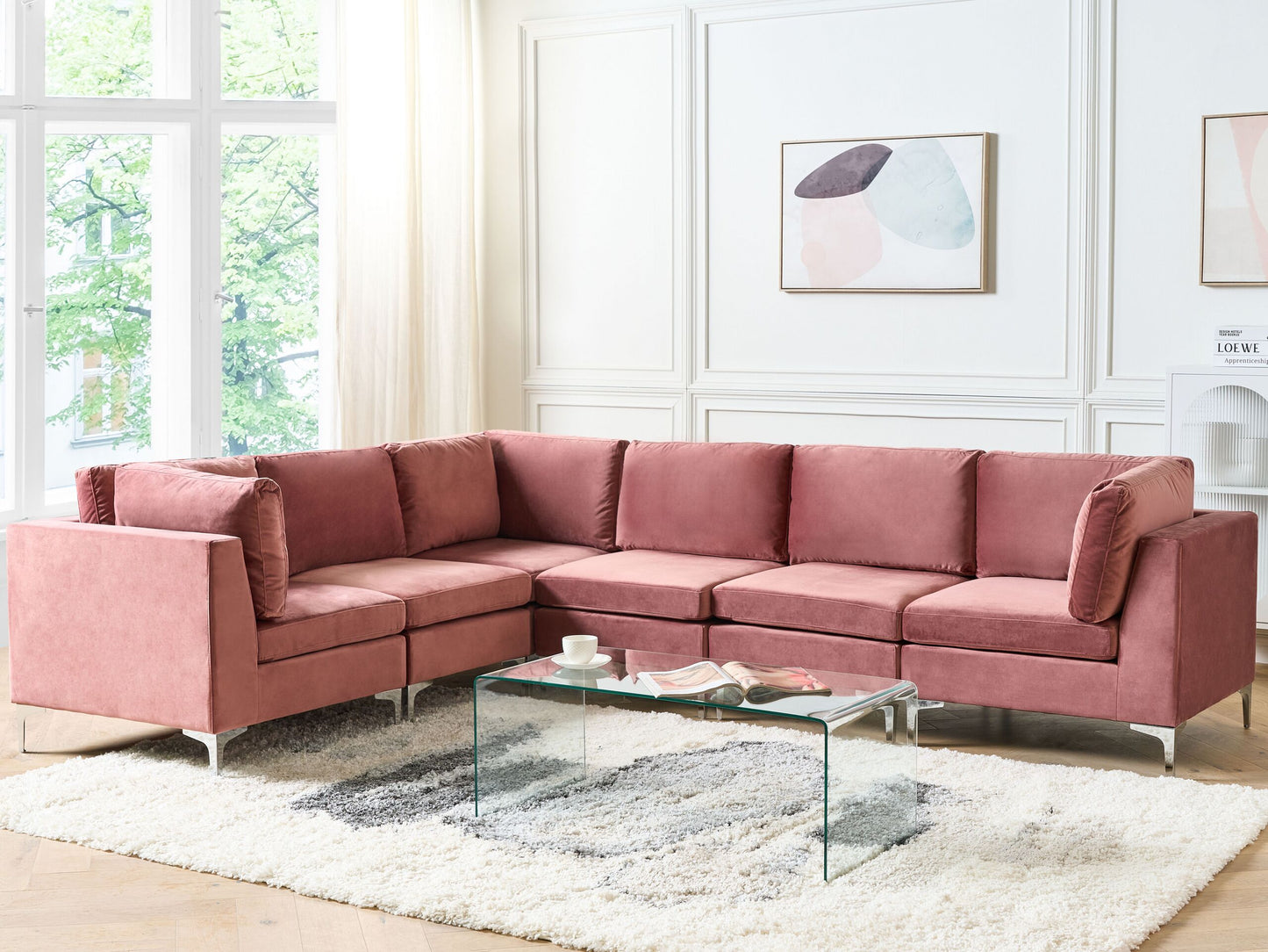 6-Sitzer Ecksofa Samtstoff rosa rechtsseitig EVJA