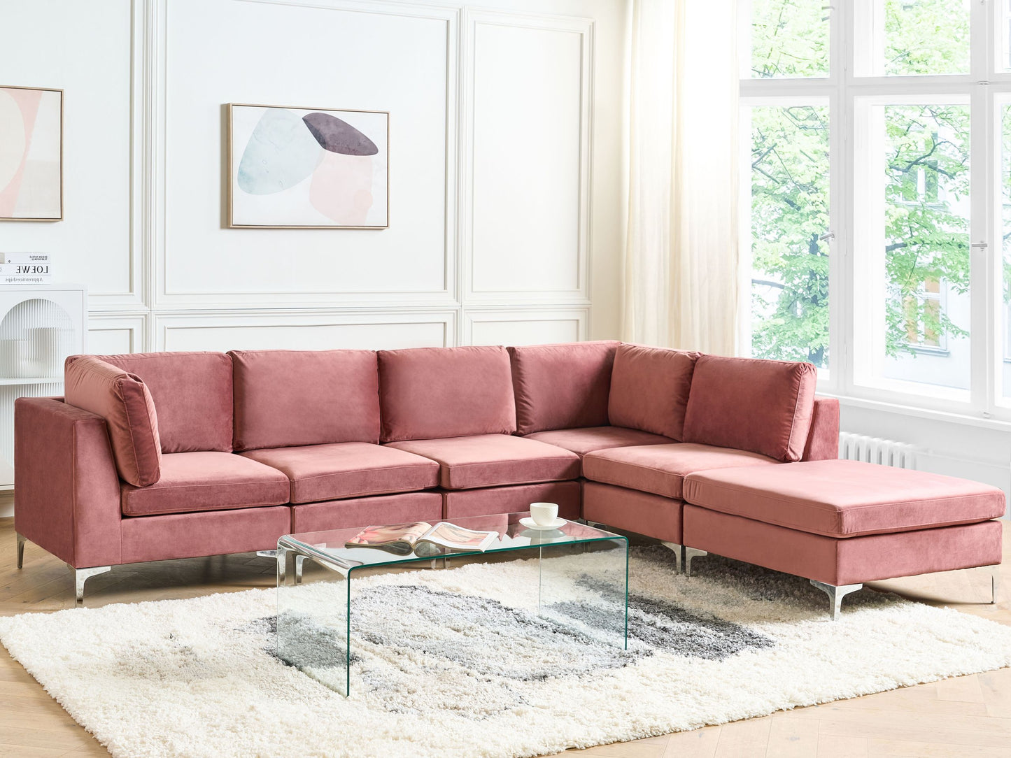 5-Sitzer Ecksofa Samtstoff rosa linksseitig mit Ottomane EVJA