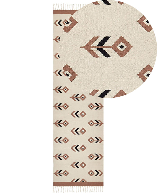 Kelim Teppich Baumwolle beige / schwarz 80 x 300 cm geometrisches Muster Kurzflor NIAVAN