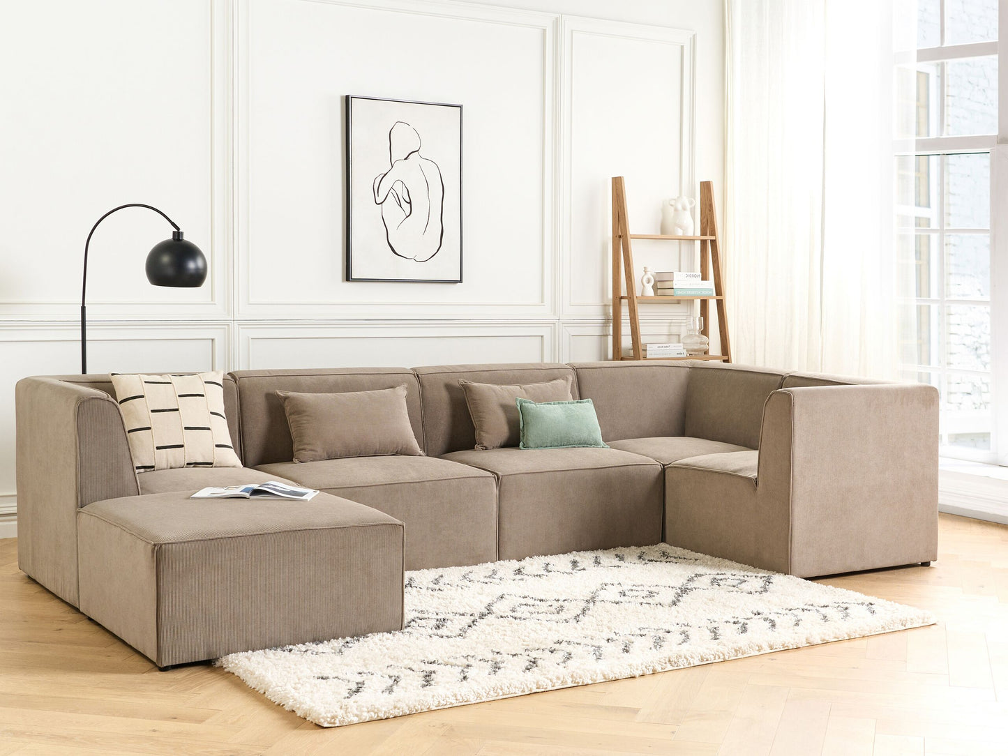 5-Sitzer Ecksofa Cord taupe linksseitig mit Ottomane LEMVIG