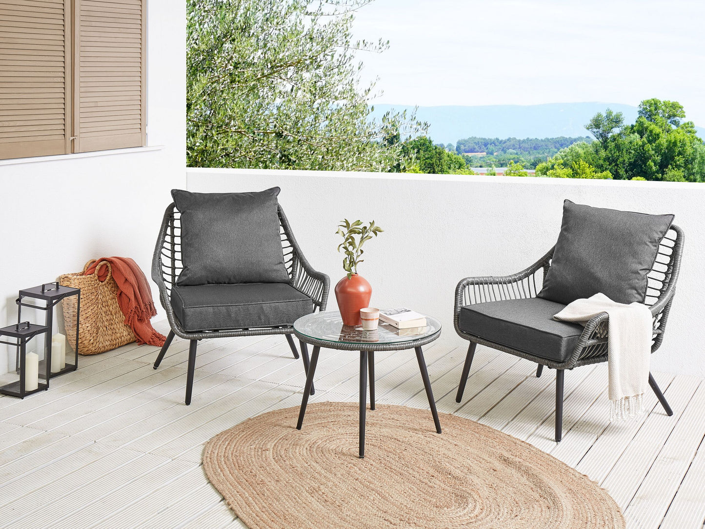 Bistro Set inkl. Kissen LAURETO Polyrattan Grau