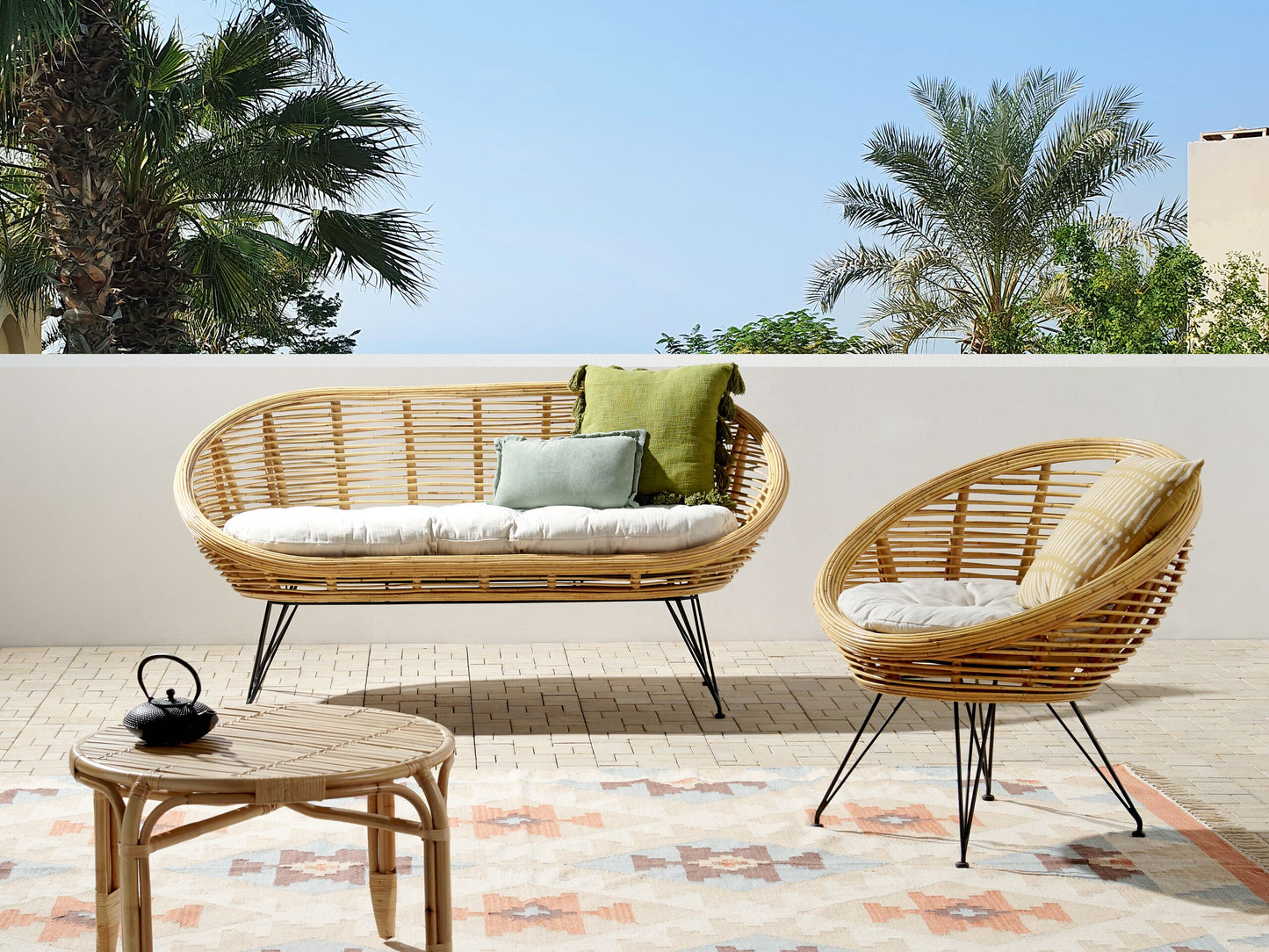 Gartensofa Set 3-Sitzer MARATEA Rattan Naturfarben