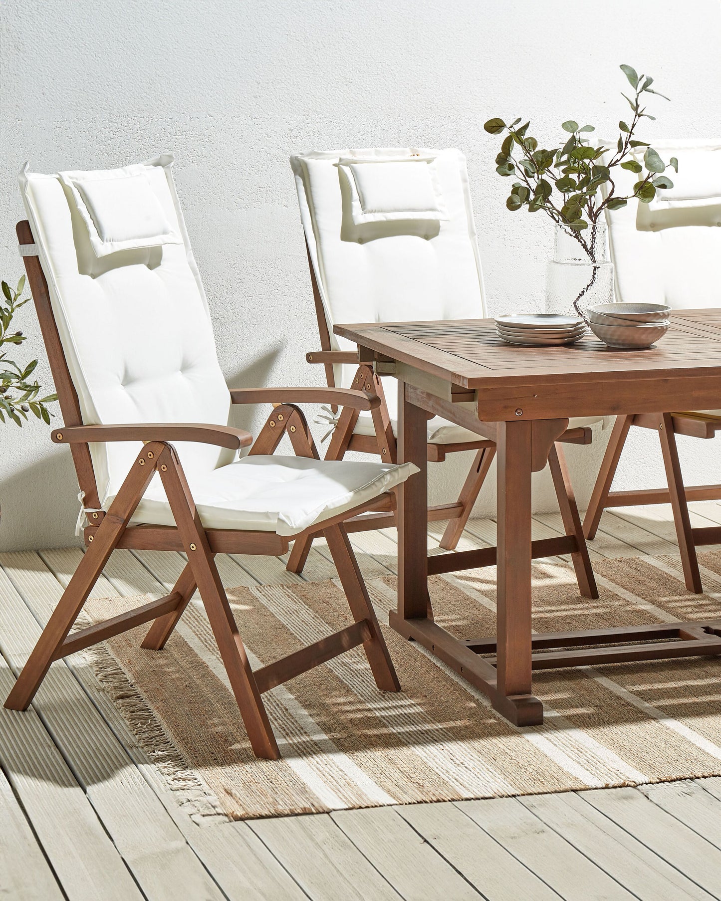 Set mit 6 Stühlen und Sitzkissen AMANTEA Akazienholz Cremeweiss